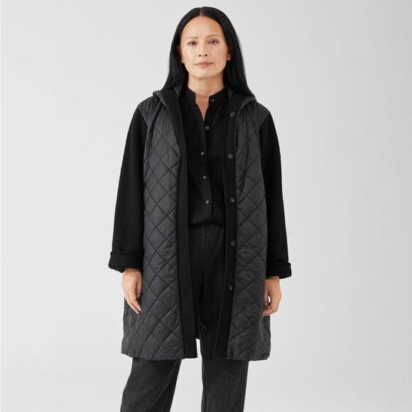 Eileen Fisher eggshell recycled nylon hooded coat - Picture 1 of 6